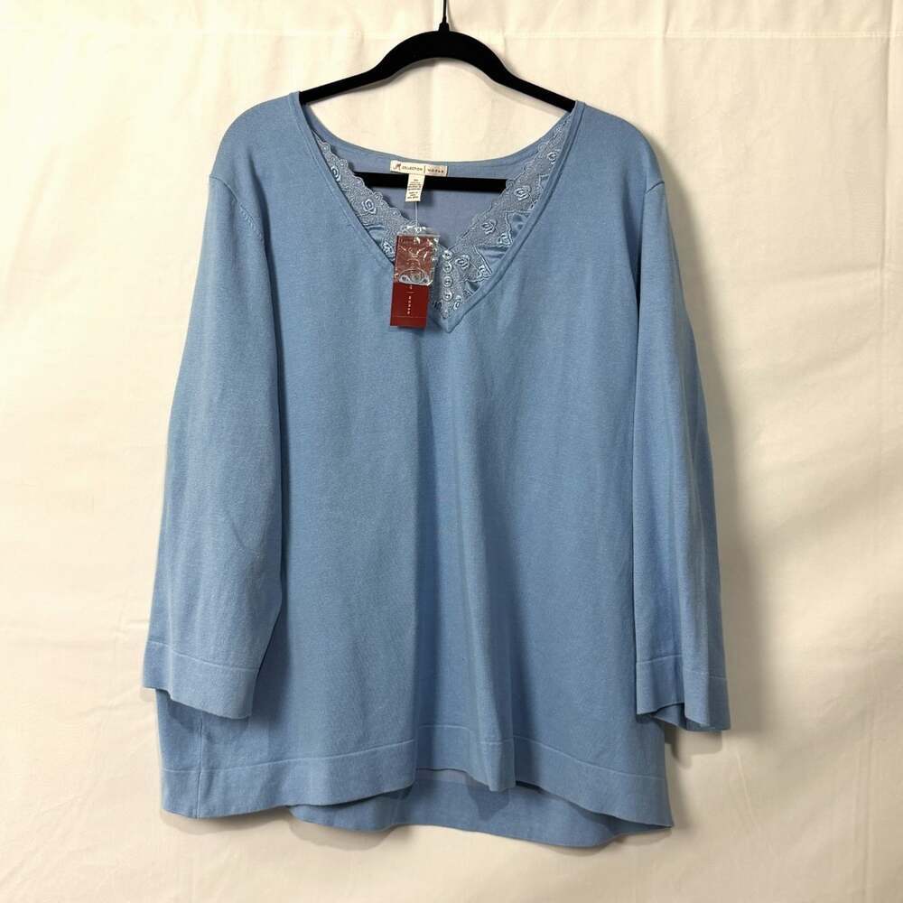 NWT JM Collection Woman Blue Silk Blend Sweater Lace V Neck Faux Button 3X